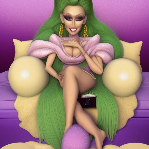 realistic, high-quality, two women, detailed, extremely massive breasted female genie has cuddle session with her mistress on purple couch with lots of pillows on top of it, sleeping beauty fairytale, dreamy aesthetic, dream aesthetic, ru paul\'s drag race, aesthetic!!!!!!, sandman kingdom, in a candy land style house, brightly lit pink room, messy maximalist interior, stunning cinematography, iconic cinematography, furnished with fairy furniture, lounging on expensive sofa