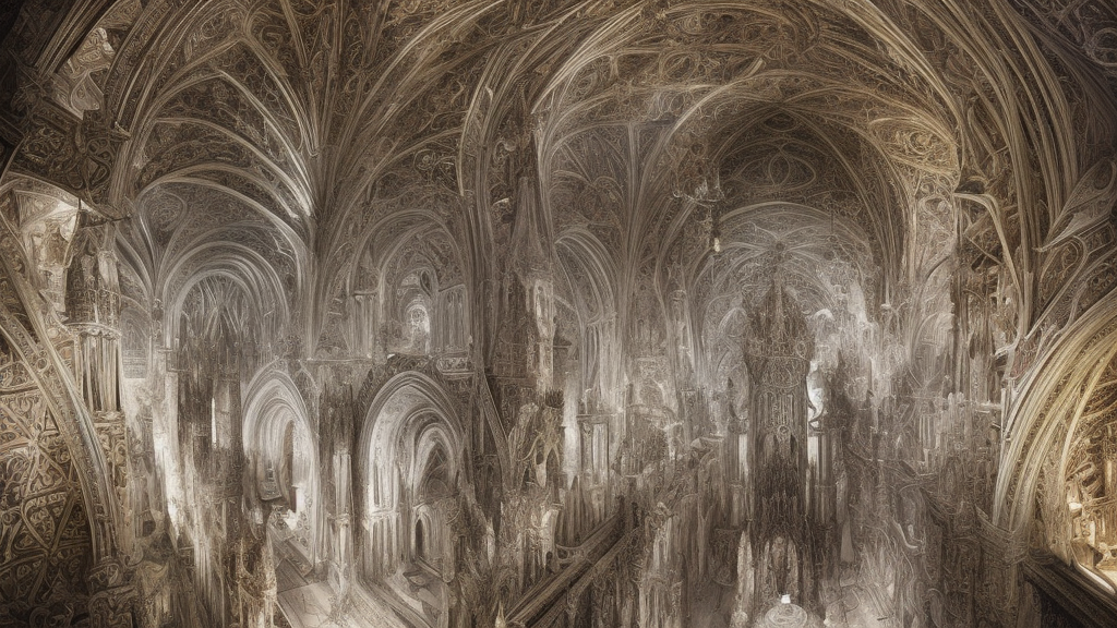 a beautiful 3 d painting of a sprawling intricate cathedral populated by mandelbrot fractals by android jones, carved soap, white color scheme, unreal engine, volumetric lighting, dynamic lighting, dramatic lighting, high contrast, depth of field, carved marble, opalescent, sacred geometry, religious, angelic, catholicpunk, stark, trending on artstation