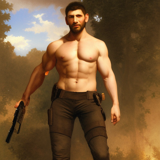 Painting of muscular Chris Redfield from Resident Evil 5. Art by william adolphe bouguereau. During golden hour. Extremely detailed. Beautiful. 4K. Award winning.
