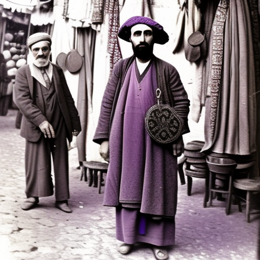 a man wearing a purple hat in ottoman times in a bazaar, a vintage photo