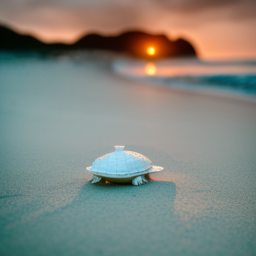 Create an image of a beautiful beach scene, with crystal clear water and white sand, including a sea turle on the sand, with a breathtaking sunset in the background. ultra-realistic, cinematic lighting 80mm lens, 8k, photography bokeh, 