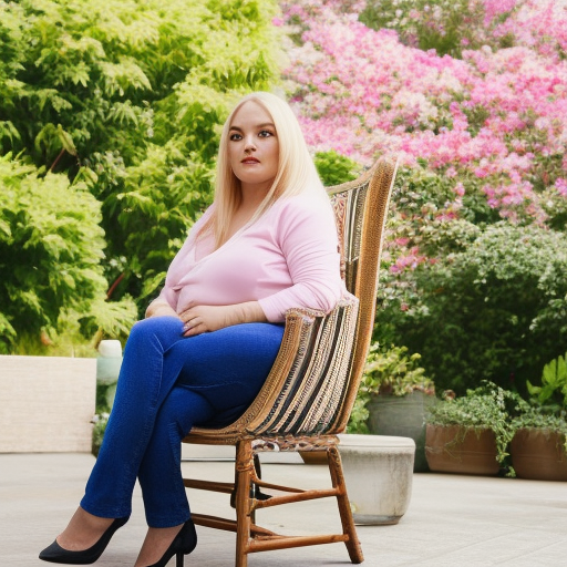 blonde chubby woman facing camera with long hair on a chair outside in the flowers
