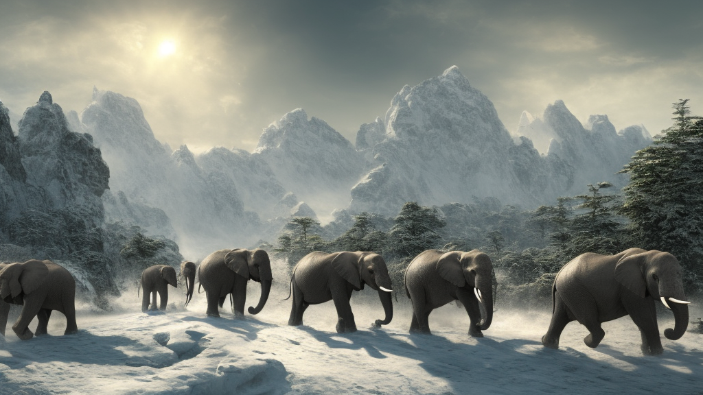 African elephants marching in snow mountain landscape, beautiful dynamic lighting, cinematic, wide angle establishing shot, extremely high detail, photo realistic, cinematic lighting, post processed, concept art, artstation, matte painting, style by frederic church, raphael lacoste, unreal engine 8k