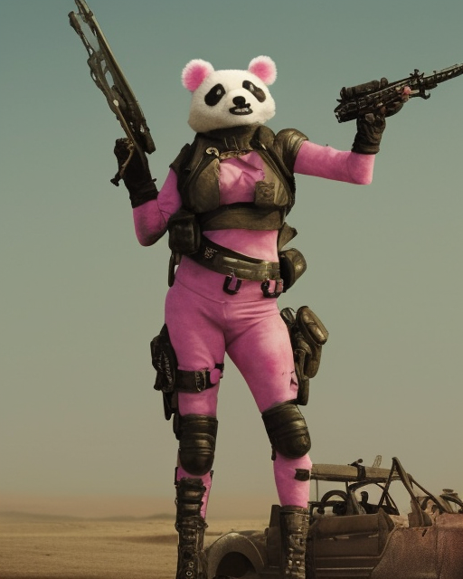 a good ol'pink panda girl fursona ( from the furry fandom ), heavily armed and armored facing down armageddon in a dark and gritty version from the makers of mad max : fury road. witness me.