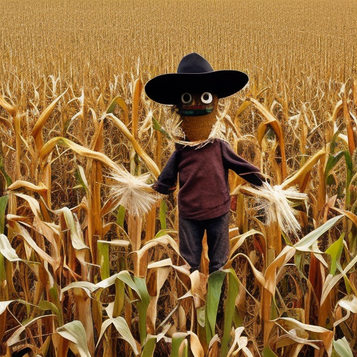 Scarecrow in a field of corn at night