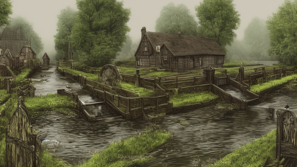 dark medieval river lock with sluices on wide river, lock gates, single house, Warhammer fantasy, summer, bushes, trees, nets, fishing, fish, water-lily, duckweed, boat, poor, black adder, muddy, puddles, misty, overcast, Dark, creepy, grim-dark, gritty, detailed, realistic, illustration, high definition