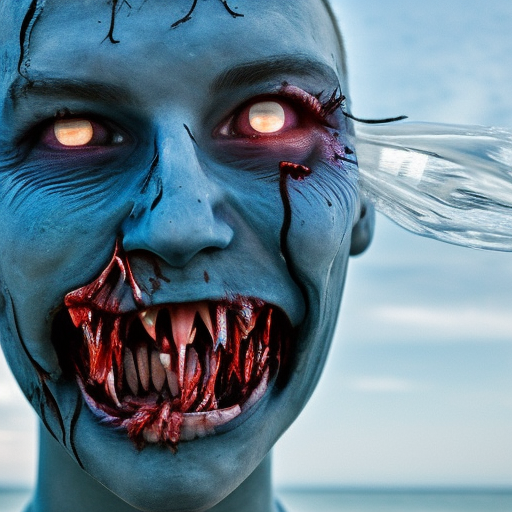 Zombie head with air ,blue eyes on the beach