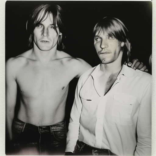 long shot, Joe Dallesandro in white button down shirt and Jane Forth at a crowded party in downtown loft, anatomically correct, vintage color polaroid photography by Andy Warhol