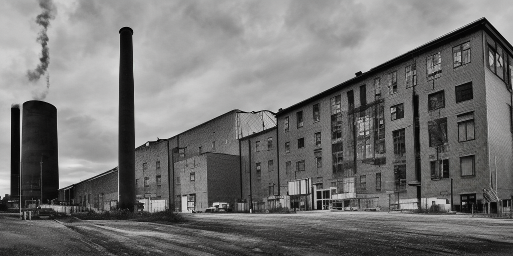 A black and white oil painting of a factory in Wuppertal, a very close-up shot. It's a clear and bright day. In the center of the picture, a brick chimney rises up, dominating the upper half of the image. In the background, behind the industrial building, there is a tree. Actually, everything except for the chimney is in a deep, dark shadow. The chimney, on the other hand, as the tallest object, rises phallically and reaches out to the sunlight as if it were a tree turning towards its source of nourishment. The other tree, which is not just like a tree, but a real tree, is only a dark outline. Would it be a bit too overblown if I were to say: Here, the human work of capitalism rises above natural creativity, showing its strength and pride, without realizing that its downfall is already embedded in this outstanding pride? Or is a chimney sometimes just a chimney?
