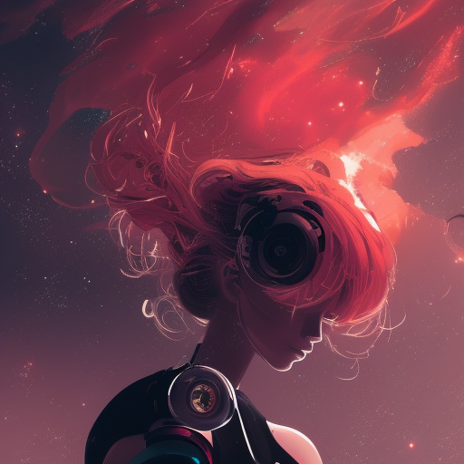 highly detailed portrait of a young astronaut lady with a wavy blonde hair and curvy figure, by Dustin Nguyen, Akihiko Yoshida, Greg Tocchini, Greg Rutkowski, Cliff Chiang, 4k resolution, nightclub dancing inspired, nier:automata inspired, rave inspired, vibrant but dreary red, black and white color scheme!!! ((Space nebula background))