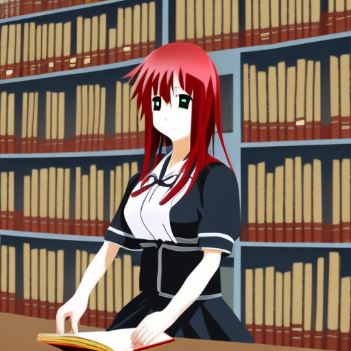 A Japanese anime woman maid with red hair and eyes, inside a library
