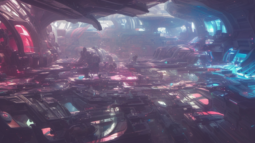neo brutralism, futuristic crowded space station interior, colorful, hyperrealistic, cgsociety, octane render, 8k, realistic depth, 3D feeling, sunlight, shadows, reflections, romanticism, 3D, realistic depth, in the style of Akihiko Yoshida and Greg Rutkowski