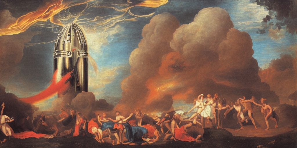 a classicism painting of an exploding disco rocket