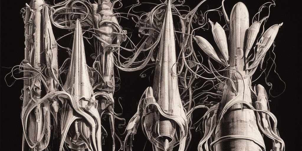 a H.R. Giger of a rocket comes out of an orchid blossom