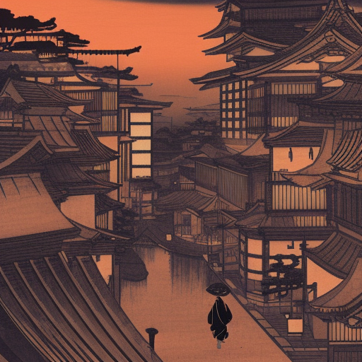 kiyv city blade runner movie and japanese style landscape  god light perspective sunset painting Hokusai Woodcut art style dramatic lighting and composition Dreamlike insanely detailed and complex digital art 8k --ar 5:1 --no blur