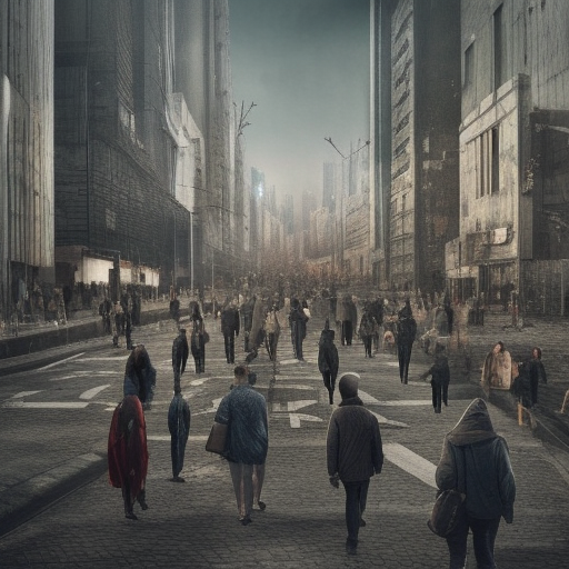 hordes of drone-like people aimlessly walking around a depressing dystopian cityscape , trending on artststion, hyper realistic, surreal, melancholic, 8k, upscaled