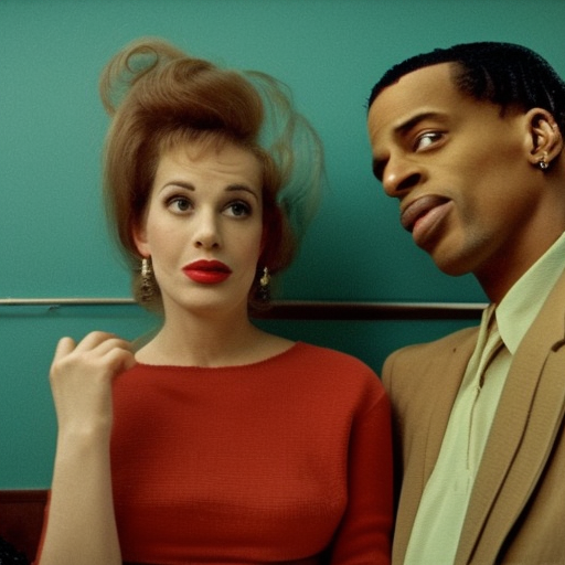 Long shot, bored housewife meets travis Scott in a seedy motel room, 1962 color Fellini film, cheap motel room with dirty walls and old furniture, archival footage, technicolor film, 16mm, live action, John Waters, wacky comedy