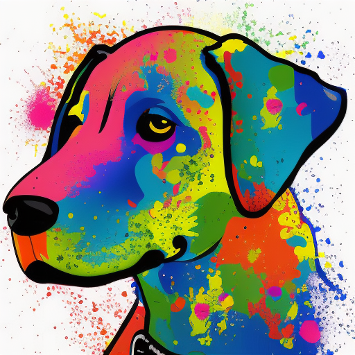 Colorful dog made of paint splatters, tshirt design vector graphics, detail design, contour, white background, full size body, no crop