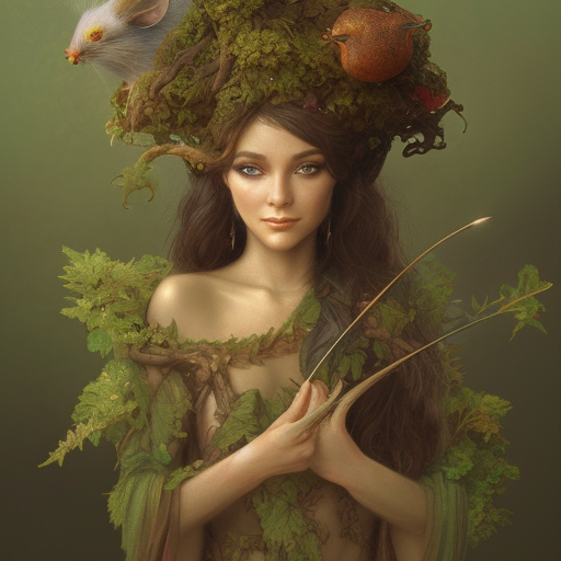 portrait character design painting, dryad musician inspired by brian froud, portrait, accompanied by a cute feathered mouse, studio lighting by jessica rossier and brian froud and gaston bussiere