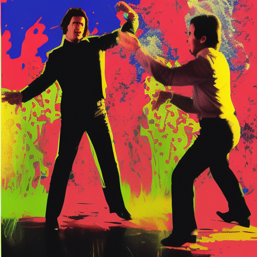 John Travolta dancing with Quentin Tarantino, fire all around, water pouring overhead, Andy Warhol style