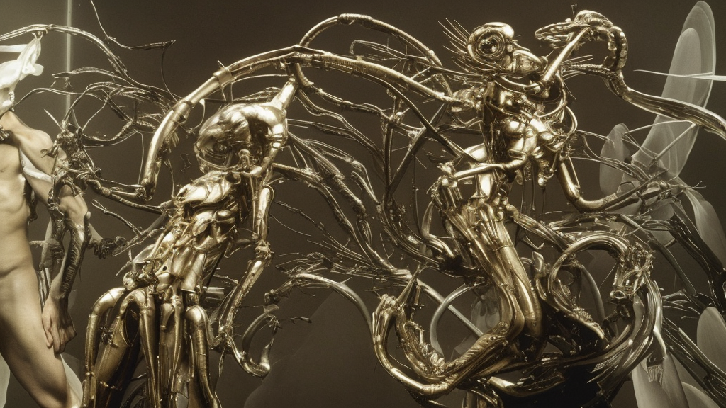 still frame from Prometheus movie by Makoto Aida, flying biomechanical angel gynoid by giger, mimicking devil's flower mantis, metal couture by Guo pei, editorial by Malczewski and by Caravaggio