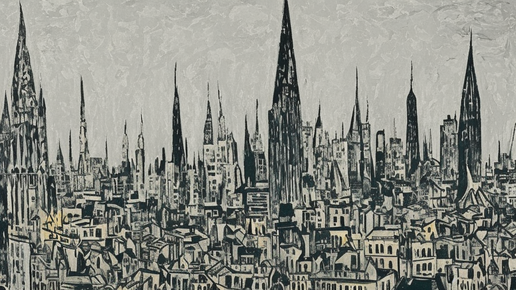 A beautiful print of a cityscape with tall spires and delicate bridges. grey by Jackson Pollock angular