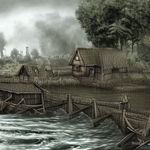 dark medieval wide river, rocky rapids, river lock with two sluices between island and shore, two water levels, Warhammer fantasy, house, summer, trees, fishing, nets, black adder, muddy, misty, overcast, Dark, creepy, grim-dark, gritty, hyperdetailed, realistic, illustration, high definition