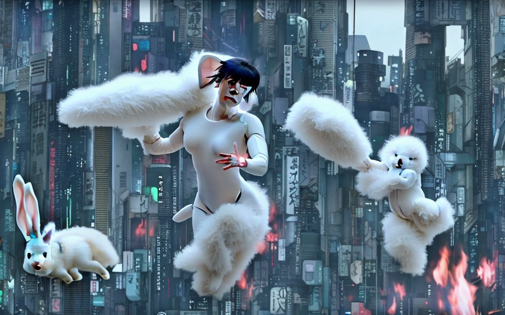 very realistic ghost in the shell flying building made of parts and rubbish on fire being attacked by cute giant fluffy bunnies