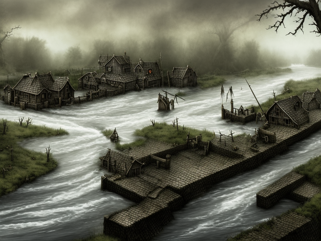 dark medieval wide straight river, rocky rapids, Warhammer fantasy, lock with two sluices between island and shore, levelled water, house, rocks, summer, trees, nets, fishing, black adder, muddy, misty, overcast, Dark, creepy, grim-dark, gritty, hyperdetailed, realistic, illustration, high definition