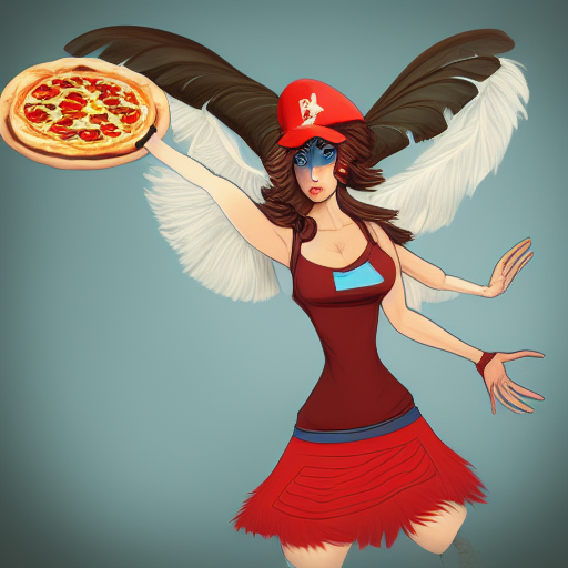 female harpy as a pizza delivery woman, bird human hybrid with feathery bird arms and talon bird feet, holding a cardboard pizza box, wearing a pizza delivery uniform. feathers for hair, cute, dynamic character design, stunning, highly detailed digital painting, artstation, stylized urban fantasy artwork, by artgerm and paul robertson ultra-realistic potrait cinematic lighting 80mm lens, 8k, photography