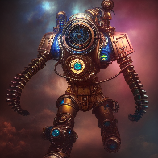 portrait of a steampunk sci-fi machine, third person, warhammer 40k, D&D, sci-fi fantasy, intricate, hologram colors , highly detailed, 
highly detailed, 3d, octane render, bright colors, digital painting, sharp focus, illustration style of Stanley Artgerm,