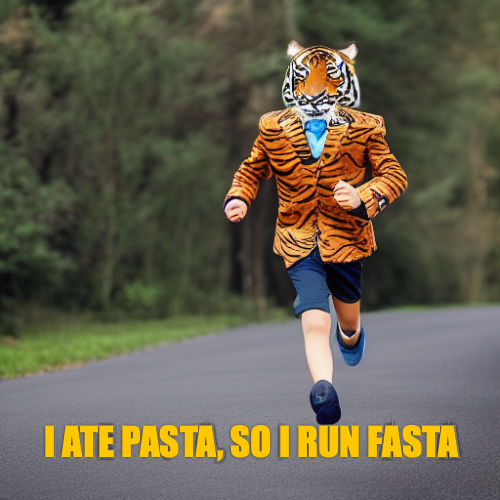 A teenager with a tiger mask wearing a suit jacket and running shorts. 