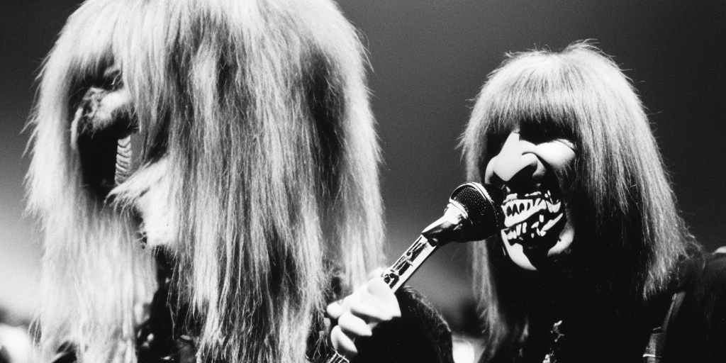a living Microphone with an face on the stage with the Band Spinal Tap