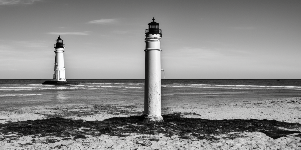 A grayscale image of a platform on a metal column directly in front of a Spiekerooge beach. This could be mistaken for a lighthouse, but this can only happen on clear, bright days. At night, the construct then clears itself up due to its lack of luminosity. Otherwise it is cloudy, but dry. On the horizon you can barely see the mainland. Directly in front of the tower, a sandbank with its highest hump tip pushes through the water surface.