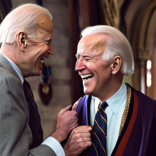 Joe Biden laughing with Dumbledore in hogwarts