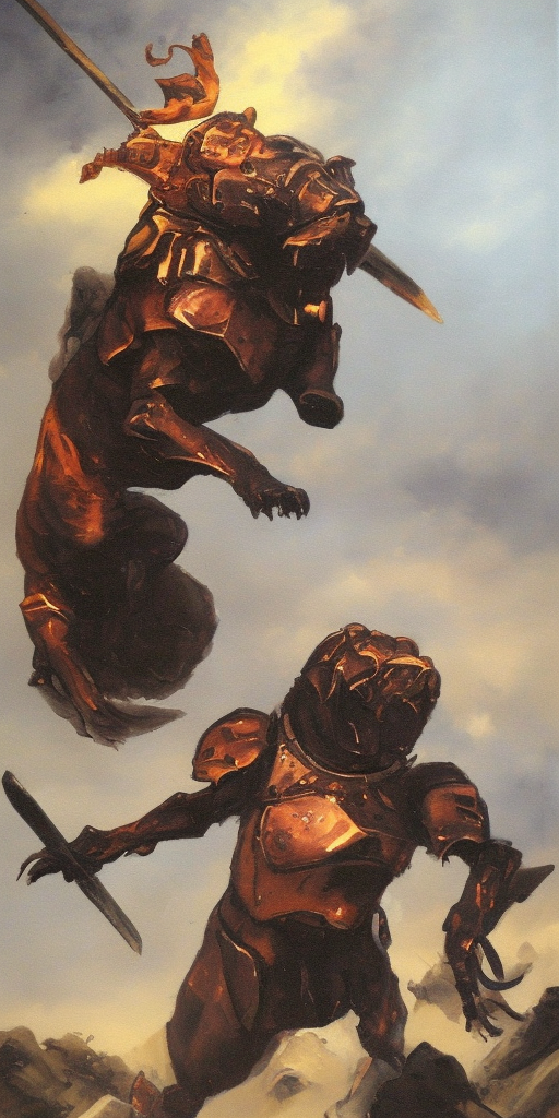 a oil painting of First thought: Zerberus, he could be a good dog, a dog that is sometimes a bit much, but a good dog, that's what he could be. Second thought: Damn tank, damn sword, damn culture of war - all the damn stuff that forces me to run around fully armored. Third thought: ZERRRRBERUS, he's one of us, like me, one of those guys who was handed a sword without being asked. Gap in thoughts: Panting Fourth thought: OOOO ZERRREBERUSSS, Hades, he's really just like us, he just acts tough and strong on the outside. Gap in thoughts: Panting, panting Fifth thought: Let's be honest: He doesn't really act like that anymore, he lets others act, he uses us as figures who play his strength and size without him having to show himself. Sixth thought: Oh Zerberus, the life of another, that's what our lives have in common. Oh Zerberus, dog, you are doomed to live in the world of another because of your nature. Dogs don't have their own cultural problems, they just carry the ones that are attached to them. Gap in thoughts: Stop briefly, pant twice and then keep running.