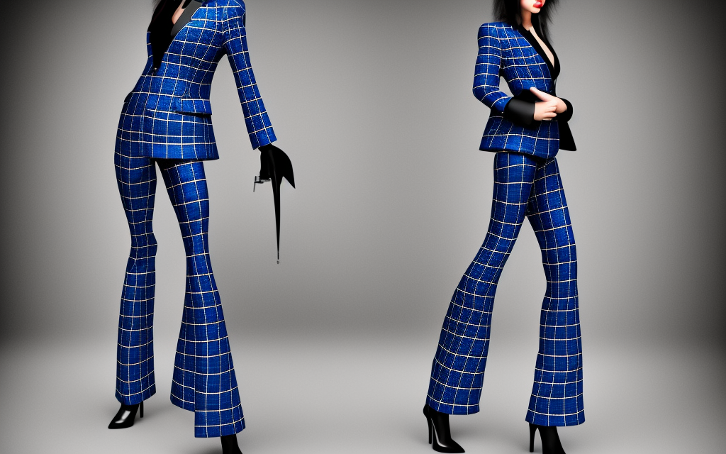 very realistic full body and portrait female fashion model dressed in blue plaid suit with flares and black bowler hat and black stilettos
