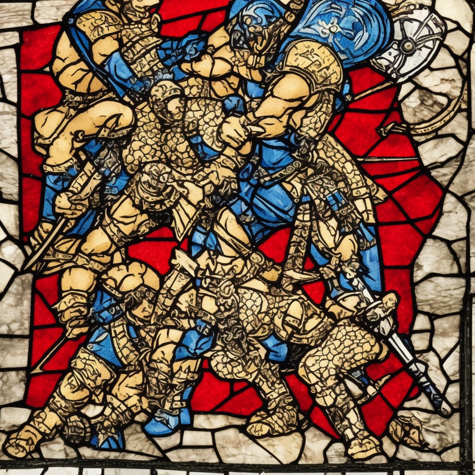 dark medieval, duel of evil gladiator and good gladiator, triumphant young evil gladiator defeating good gladiator with sword and shield, evil, Warhammer fantasy, intricate stained glass, black and red, gold and blue, grim-dark, gritty