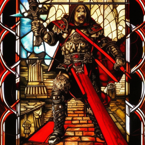 a young aggressive evil satanic triumphant gladiator with a big demonic sword, hellfire on a background, Warhammer fantasy, stained glass, black and red, grim-dark, detailed