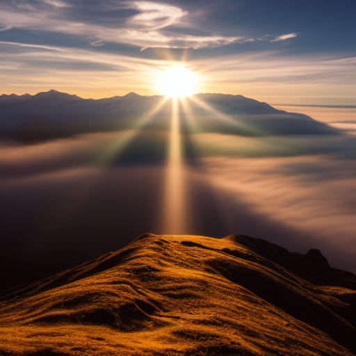 Mountain through a sea of clouds with sunlight streaming down
