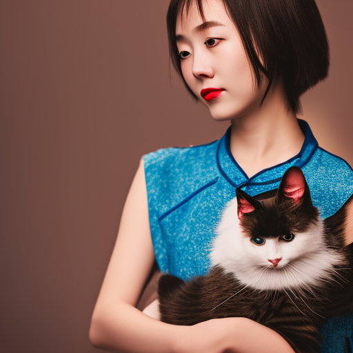 chinese girl holding cat cool colors ultra-realistic portrait cinematic lighting 80mm lens, 8k, photography bokeh