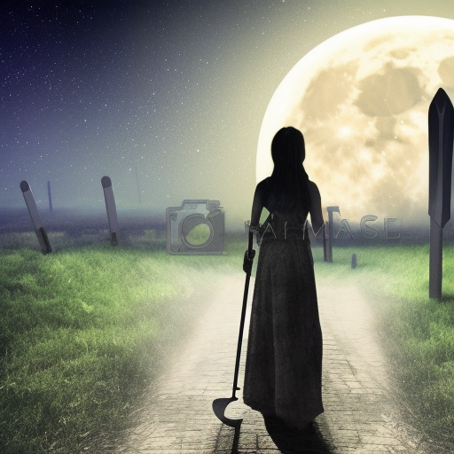 girl walking toward big moon at dark night with a scyth through graveyard