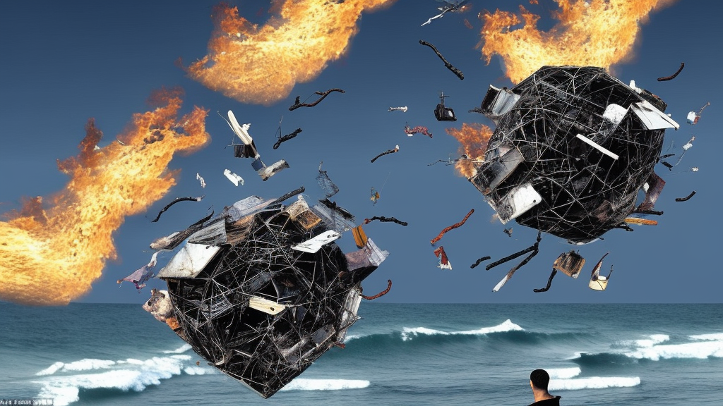 very realistic lebbeus woods flying building made of parts and rubbish on fire, exploding and falling into waves near a beach

