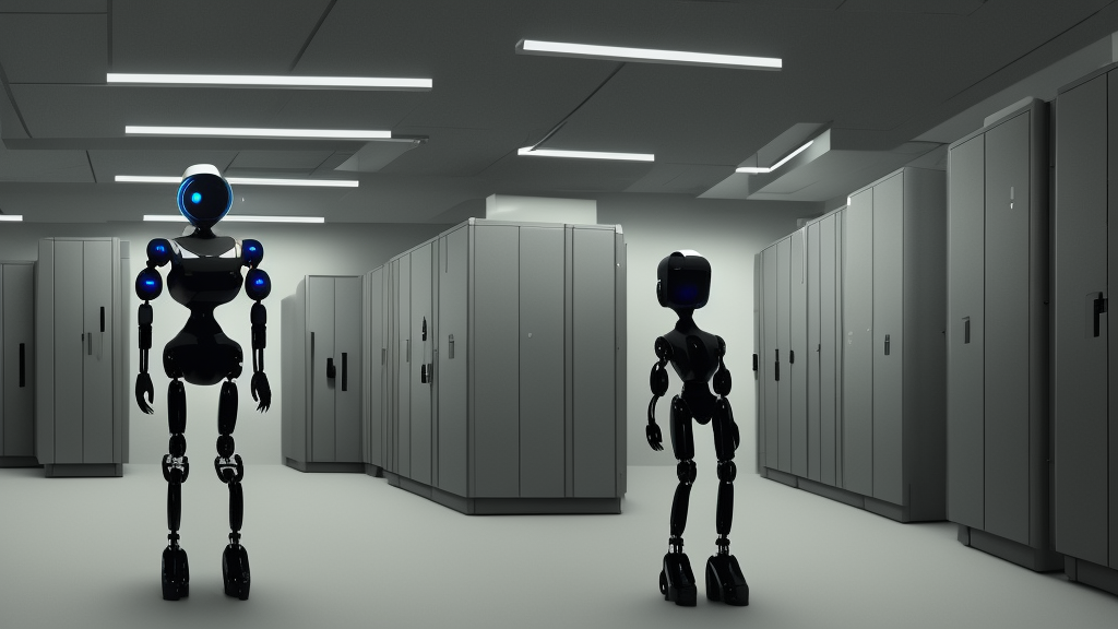 humanoid robot in a server room, inception, blade runner, the fifth element, fisheye, volumetric octane render