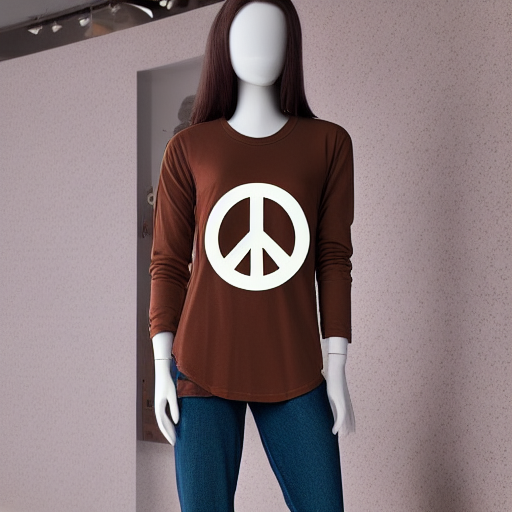 Vintage style long sleeve brown t shirt with a peace sign, worn by a fully assembled store display mannequin, natural daylight, 45mm lens, 4k, clean, high quality material