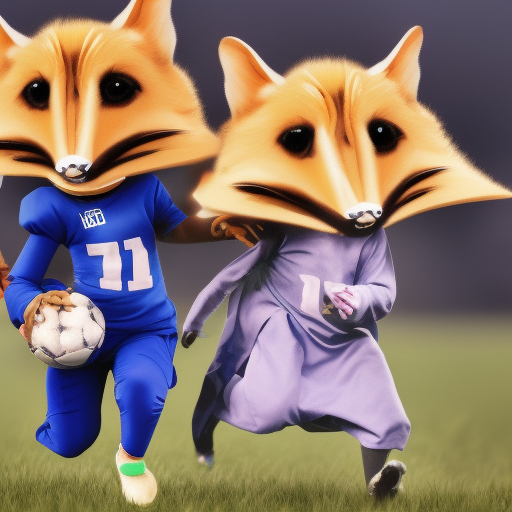 two fennecs in mascots, one wears a blue outfit and holds a package, the other wears a green outfit and carries a football