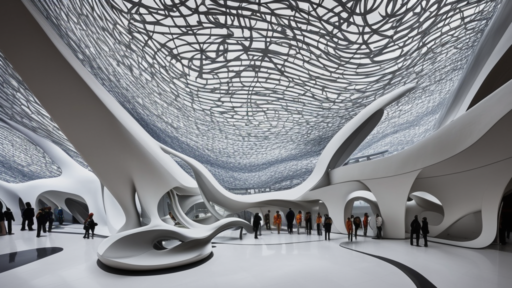 extremely detailed ornate stunning beautiful elegant futuristic museum lobby interior by Zaha Hadid