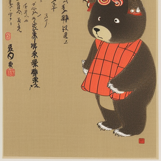 portrait of a small furry humanoid bear with round eyes, he is dressed in a costume with a butterfly, around him a forest and tulips, detailed image, in the trends of modern art Ukiyo-e Japanese woodblock