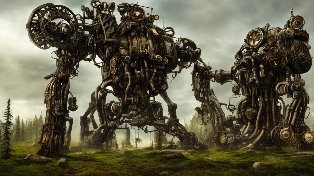 steampunk colossal mech fortress travels across a swedish forest very low angle photograph trending on artstation