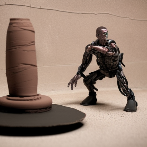 t-800 terminator behind a pottery wheel playing with clay